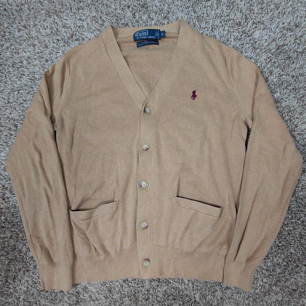 Vintage Polo Ralph Lauren Cardigan Button Up Sweater Mens Small Beige Pima